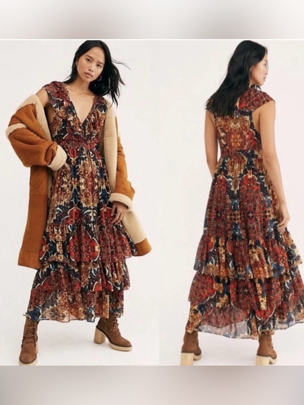 Free People Wear It Out Maxi Tiered Ruffled Dress Bohemian Fall Floral Cowgirl - Picture 13 of 13